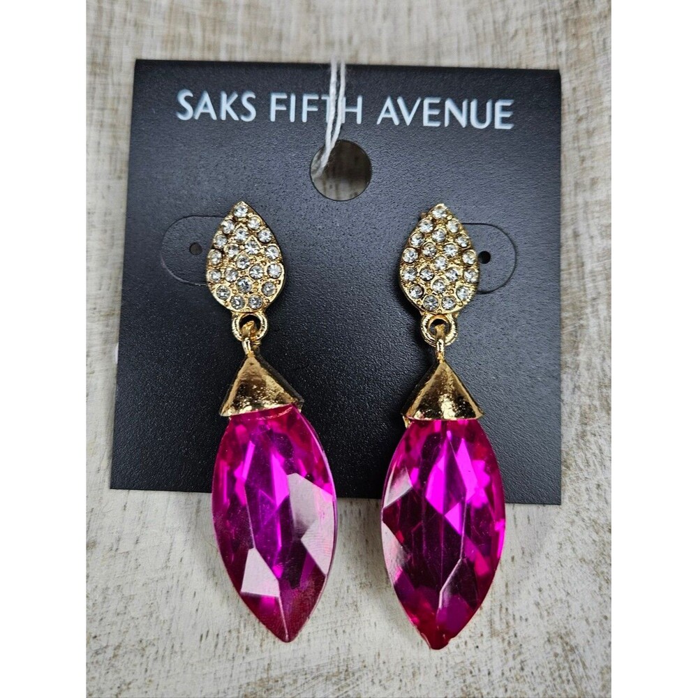Saks Fifth Avenue Fuchsia Pink Marquise Drop Earrings NWT Gold Crystal Statement